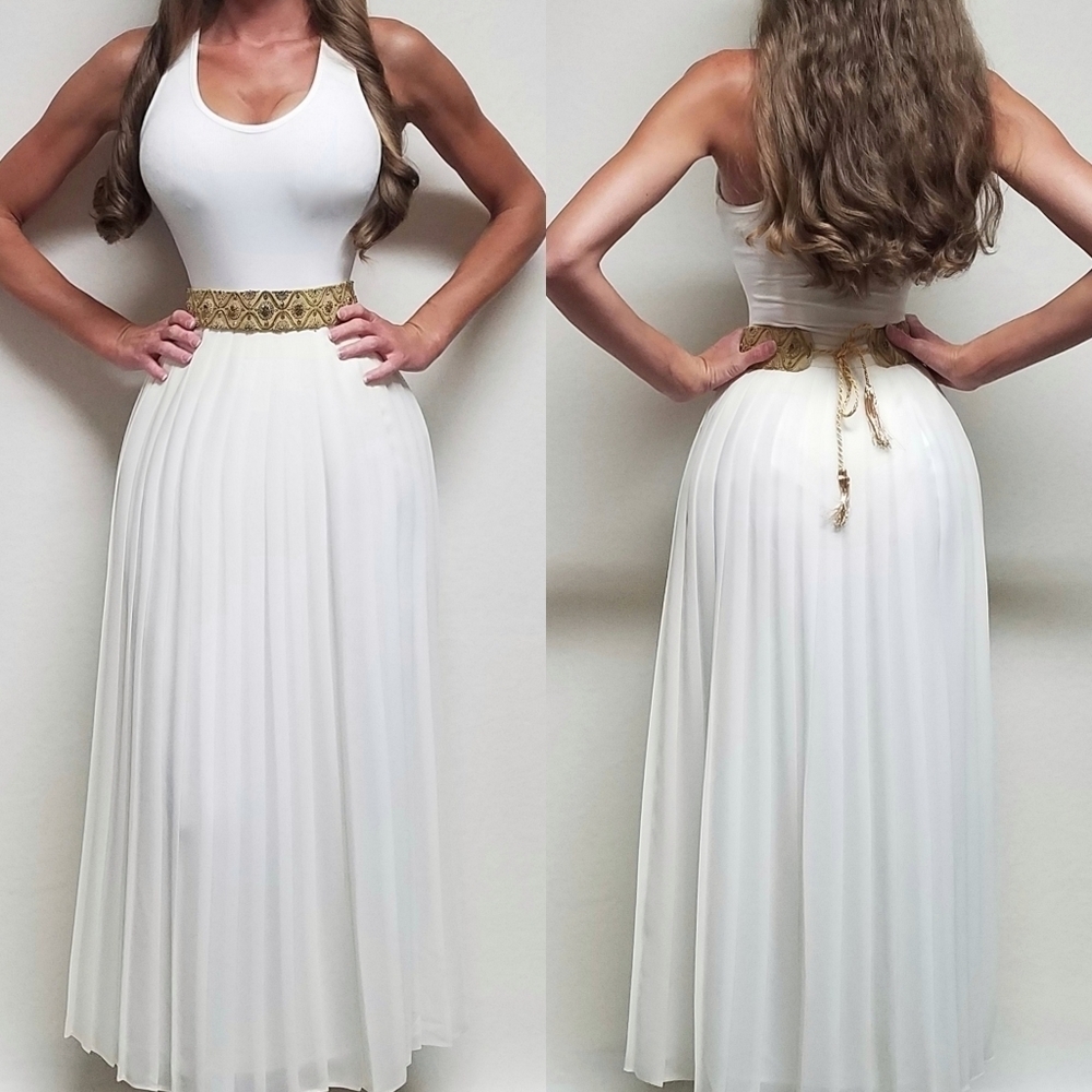 VINTAGE 80s Marisa Christina White Plisse Accordion Pleat Full Length Maxi Skirt